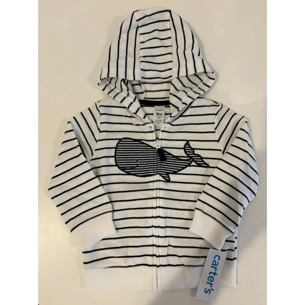Carters Baby Boy Whale Striped Zip Up Hoodie White Navy Nautical 18M NWT